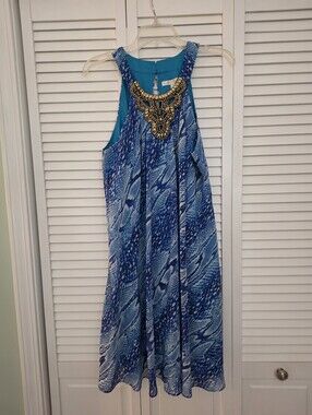 NWOT Boston Proper Blue Patterned Trapeze Dress with Gold Embellished Neckline